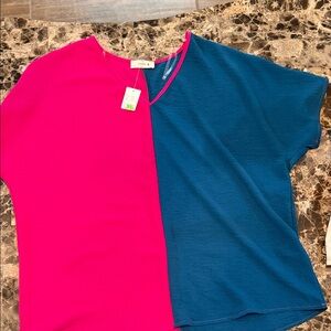 Entro Pink and Blue Colorblock V-Neck Top